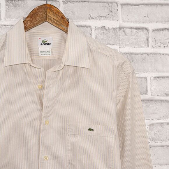 LACOSTE Men's Button up Shirt Beige Striped cotton Croc Logo Size 40 - Picture 2 of 5